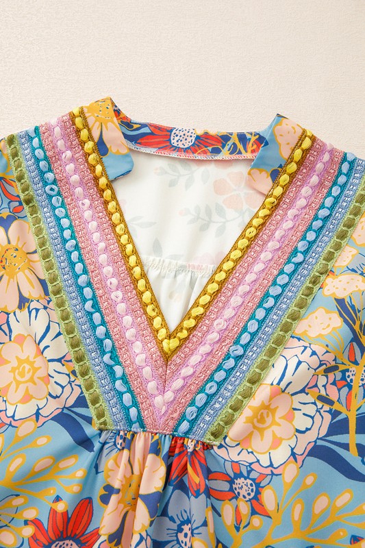 V Neck Half Sleeve Boho Floral Blouse