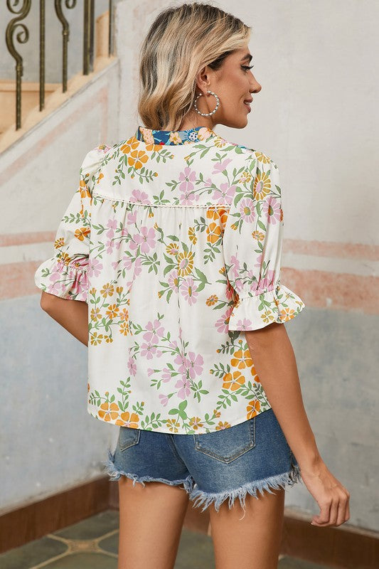 V Neck Half Sleeve Boho Floral Blouse