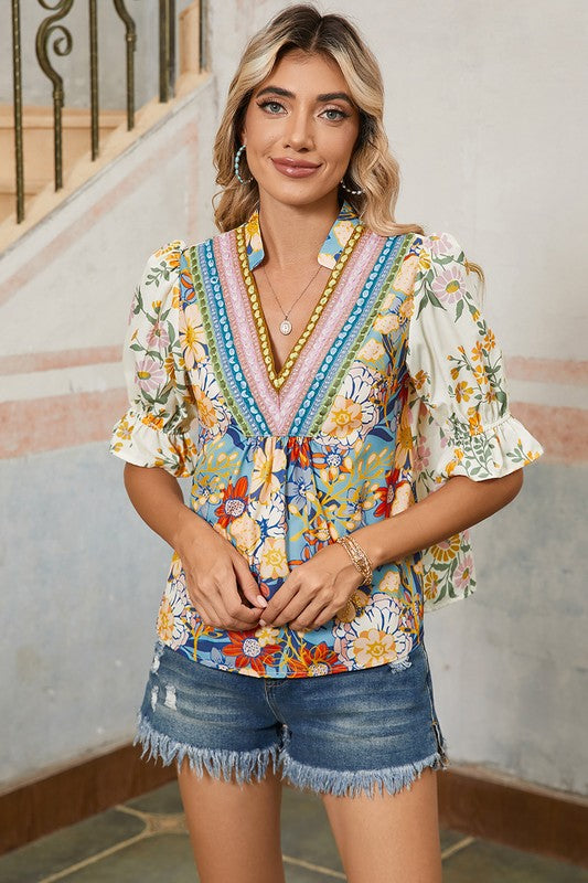 V Neck Half Sleeve Boho Floral Blouse