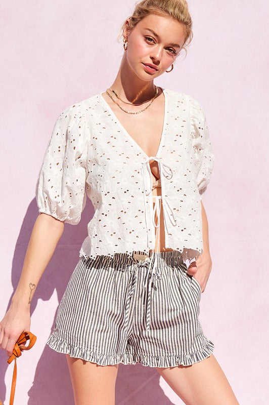 Striped Cotton Ruffle Shorts