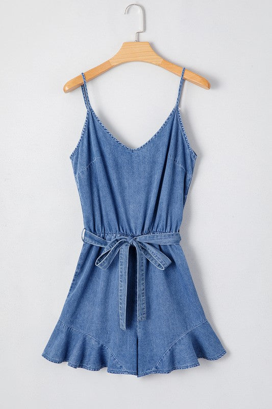 Straps Belted Ruffled DENIM Chambray Romper