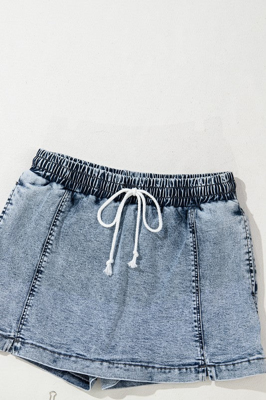 Drawstring High Waist Pocketed Denim Shorts