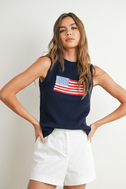 Flag Print Knitted Sleeveless Sweater