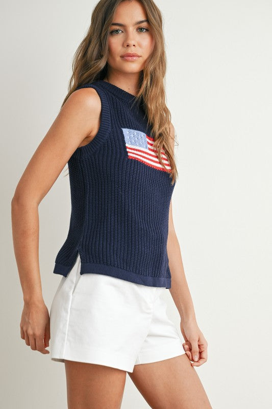 Flag Print Knitted Sleeveless Sweater