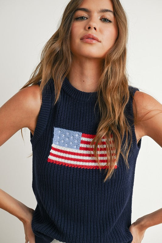 Flag Print Knitted Sleeveless Sweater