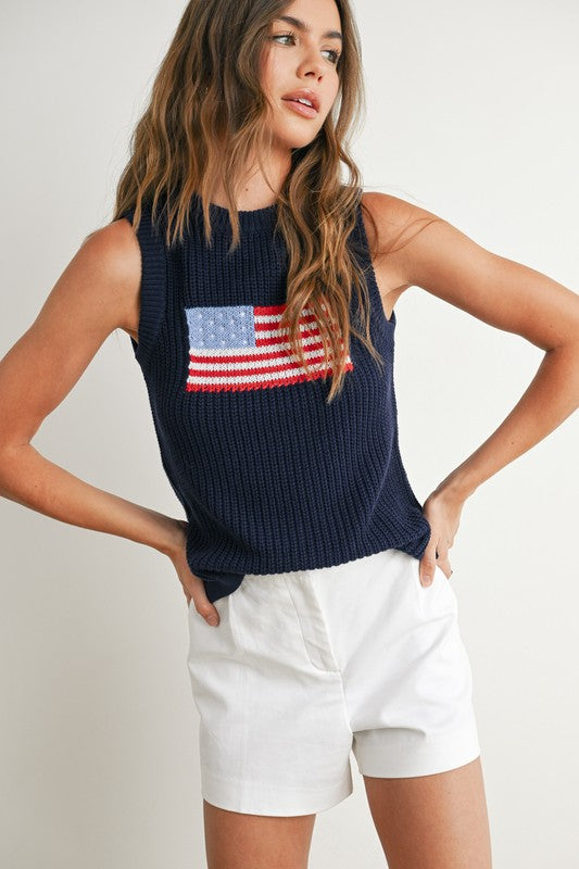 Flag Print Knitted Sleeveless Sweater