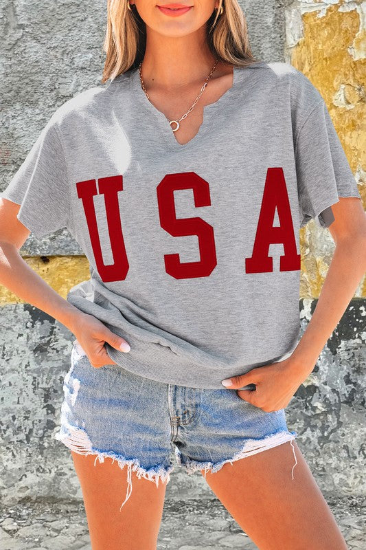 USA Letter Patch Notched Neck Loose Tee