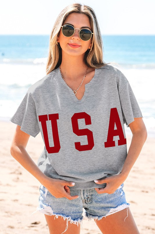 USA Letter Patch Notched Neck Loose Tee