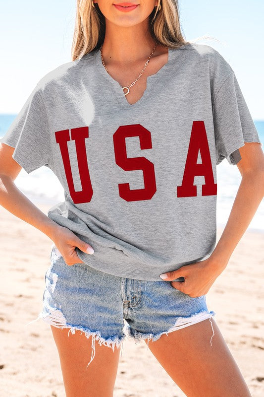 USA Letter Patch Notched Neck Loose Tee