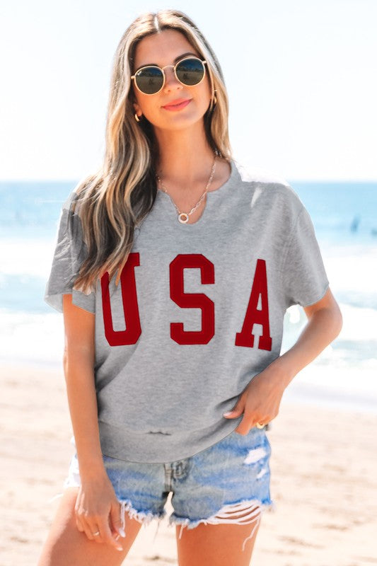 USA Letter Patch Notched Neck Loose Tee