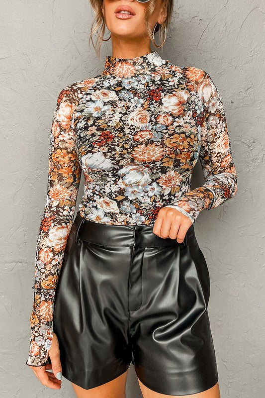 Floral Long Sleeve High Neck Sheath Mesh Blouse