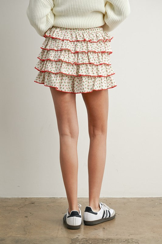 Cherry Print Layered Ruffled Tie-front Mini Skort