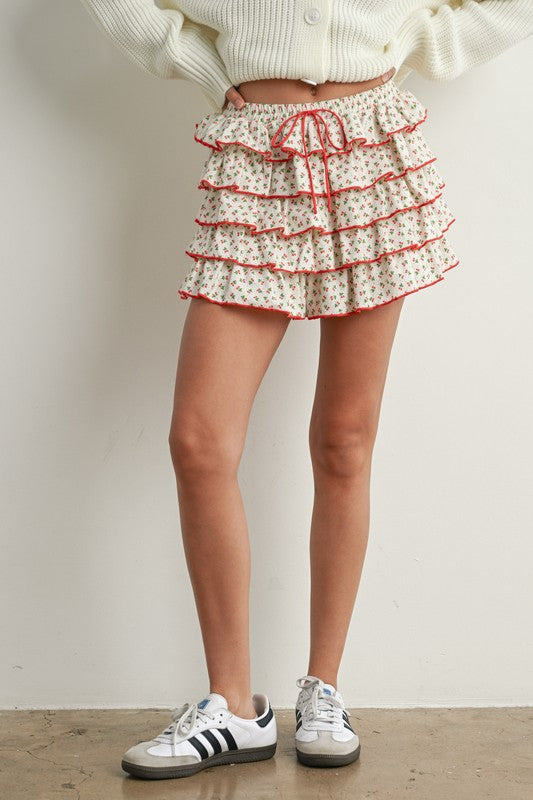 Cherry Print Layered Ruffled Tie-front Mini Skort
