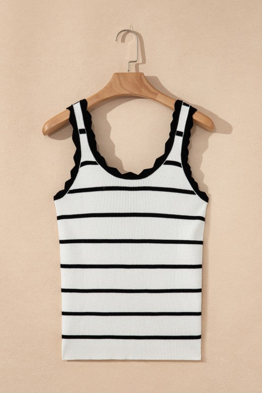 Scalloped Edge Crew Neck Knit Striped Tank