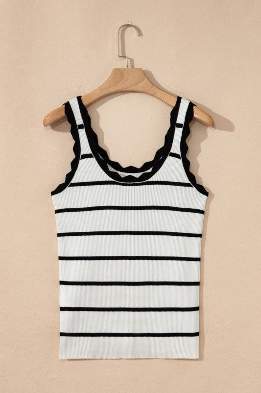 Scalloped Edge Crew Neck Knit Striped Tank