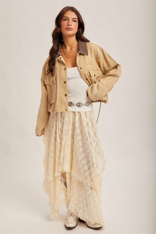 Corduroy Collar Contrast Twill Crop Jacket