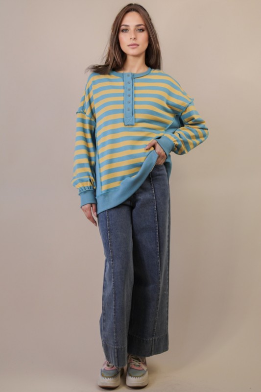 Oversized Striped Half Button Down Casual Knit Top