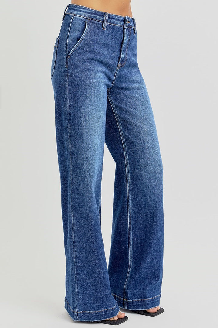 HIGH RISE WIDE LEG SLANTED POCKET JEANS