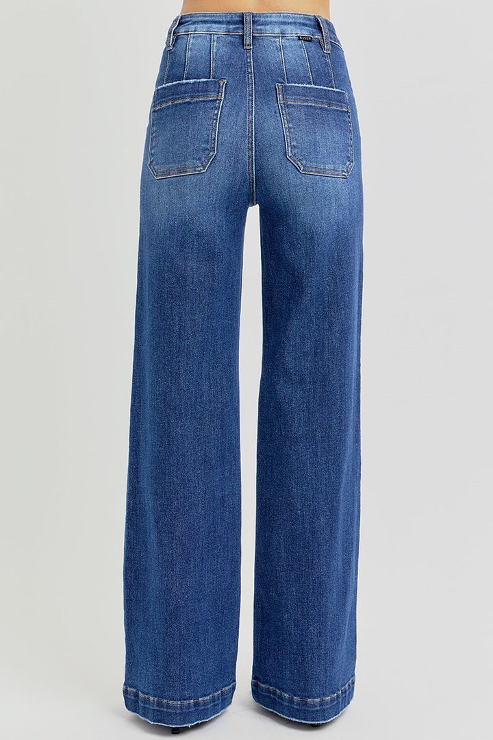 HIGH RISE WIDE LEG SLANTED POCKET JEANS
