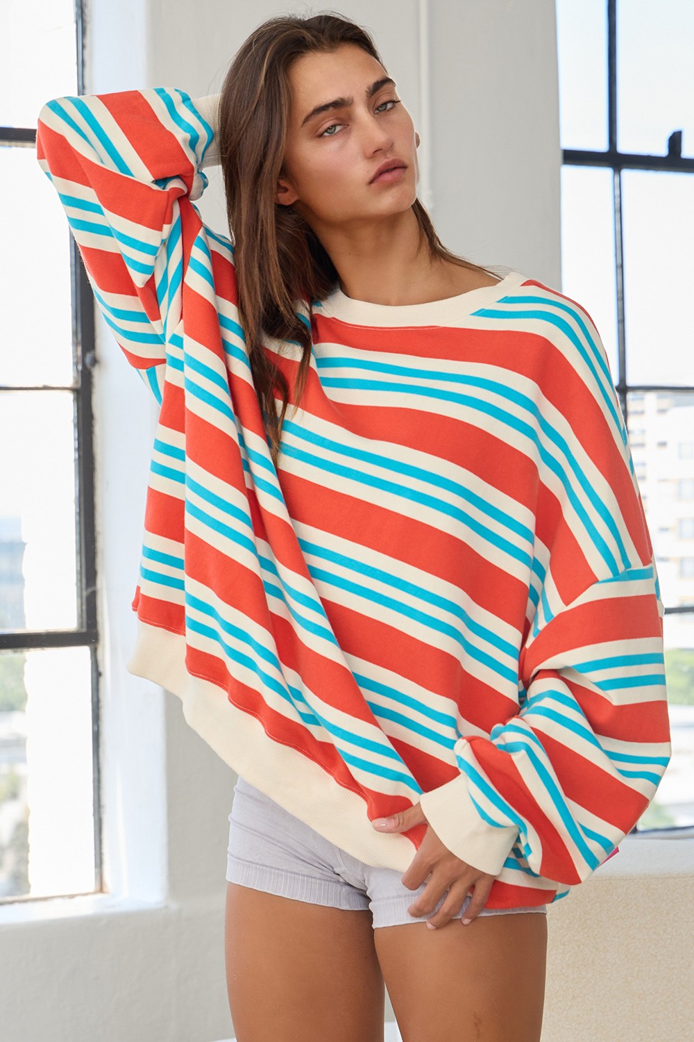 Striped Terry Oversized Sweatshirt Top