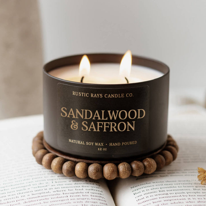 Sandalwood & Saffron Soy Candle - 12 oz Double Wick - Black