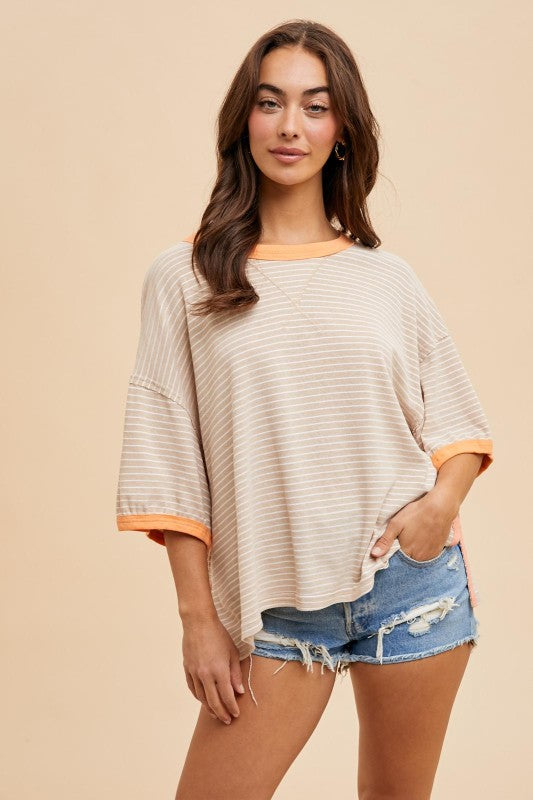 Linen Blend Striped Contrast Tee