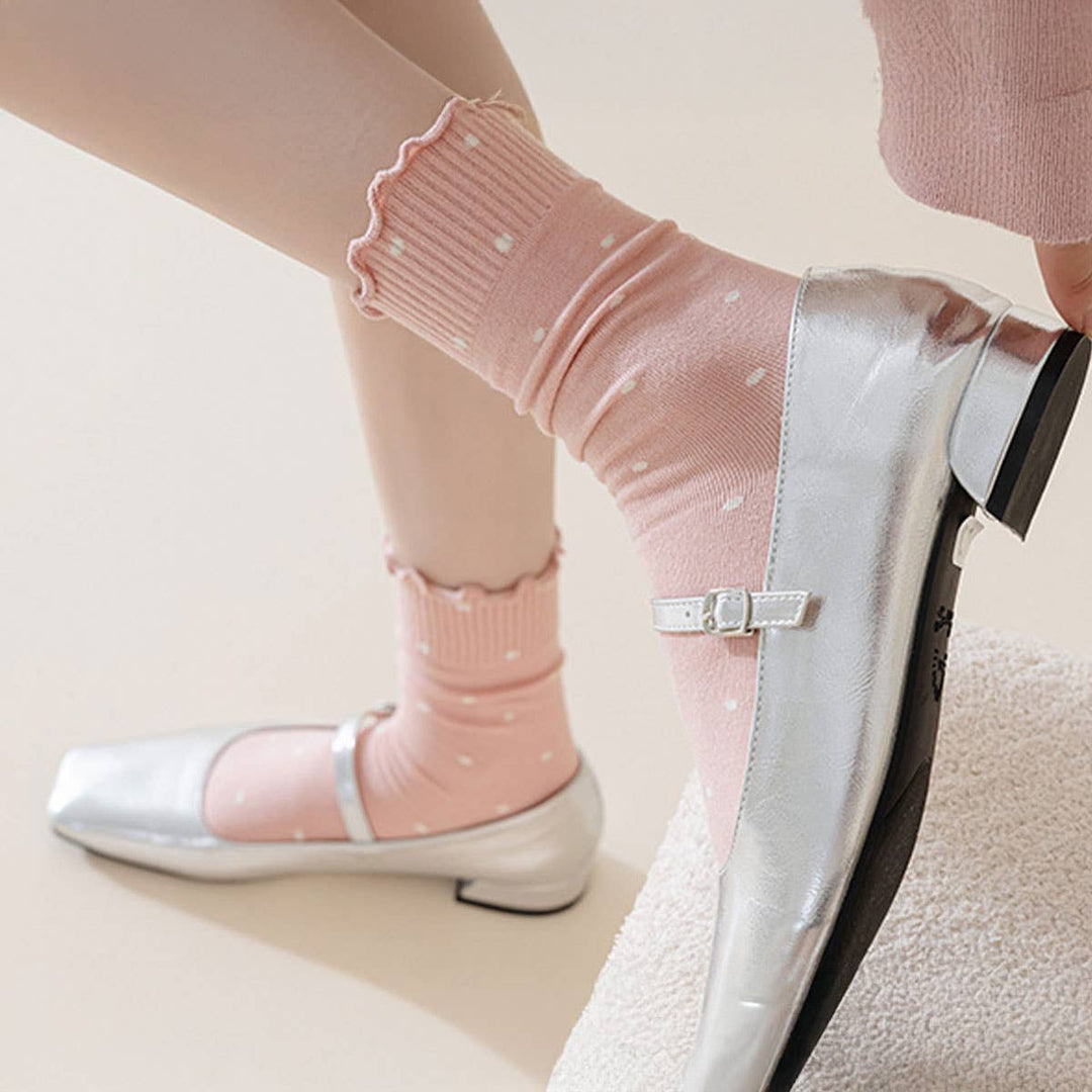 Polka Dot Pattern Ruffle Crew Socks For Womens_CWMS1394