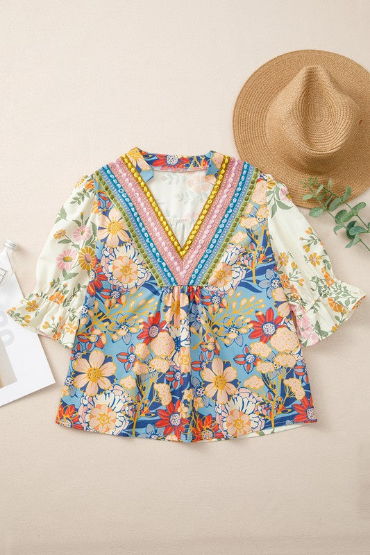 V Neck Half Sleeve Boho Floral Blouse