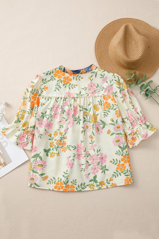 V Neck Half Sleeve Boho Floral Blouse