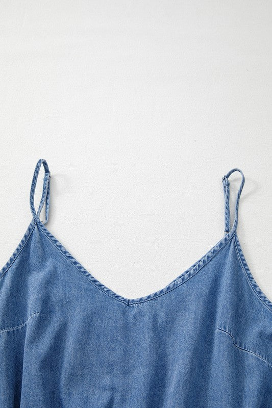 Straps Belted Ruffled DENIM Chambray Romper