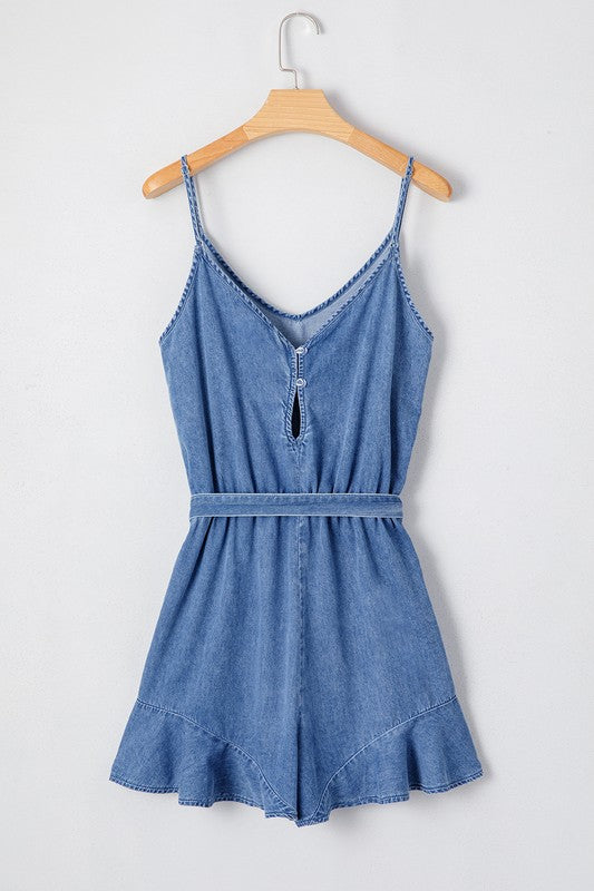 Straps Belted Ruffled DENIM Chambray Romper