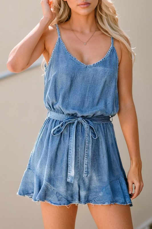 Straps Belted Ruffled DENIM Chambray Romper