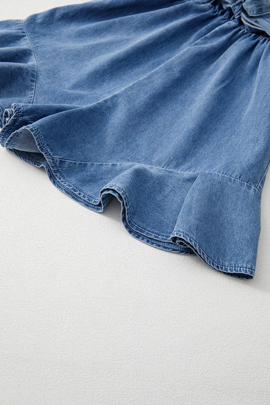 Straps Belted Ruffled DENIM Chambray Romper