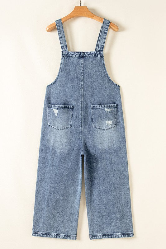 Distressed Bib Pocket Wide Leg Denim Overall