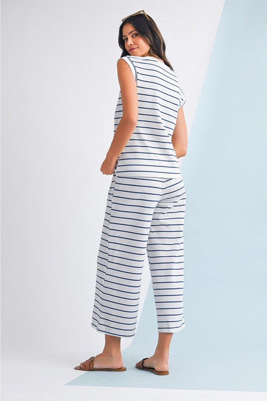 Casual Striped Tee And Wide Leg Pants Set
