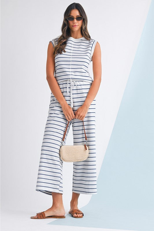 Casual Striped Tee And Wide Leg Pants Set