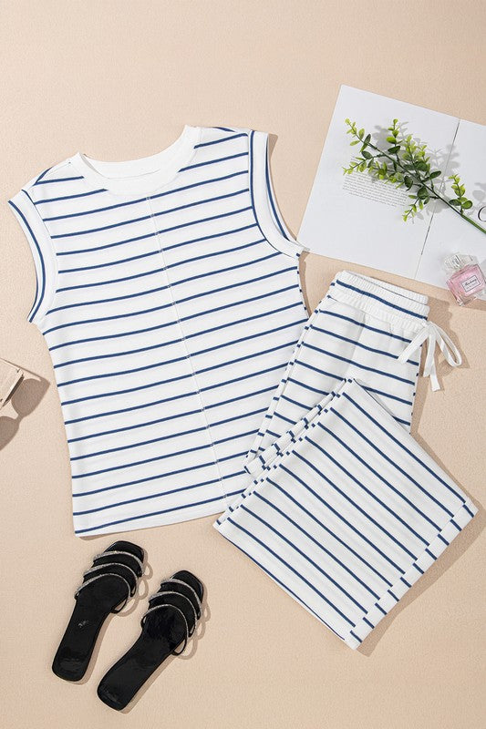 Casual Striped Tee And Wide Leg Pants Set