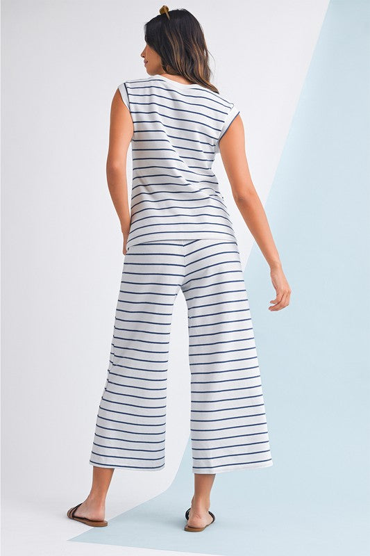 Casual Striped Tee And Wide Leg Pants Set
