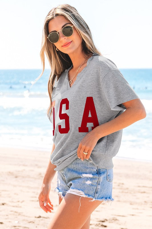 USA Letter Patch Notched Neck Loose Tee