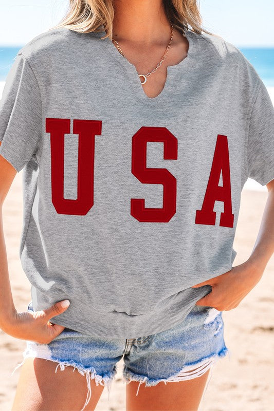 USA Letter Patch Notched Neck Loose Tee