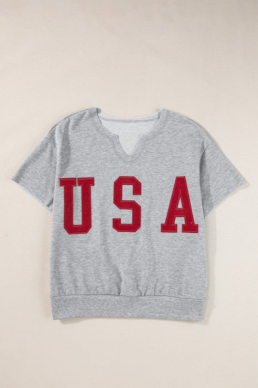 USA Letter Patch Notched Neck Loose Tee
