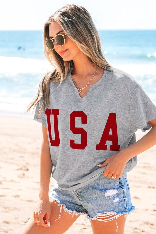 USA Letter Patch Notched Neck Loose Tee