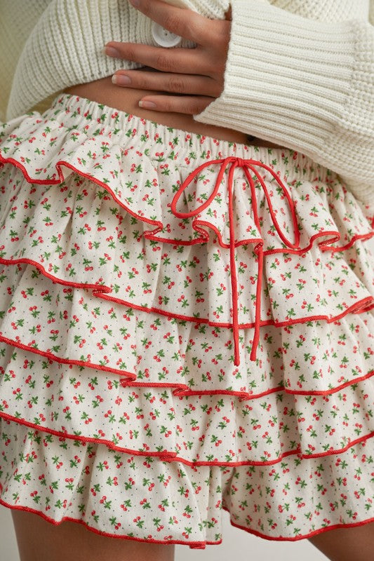 Cherry Print Layered Ruffled Tie-front Mini Skort