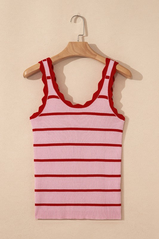 Scalloped Edge Crew Neck Knit Striped Tank