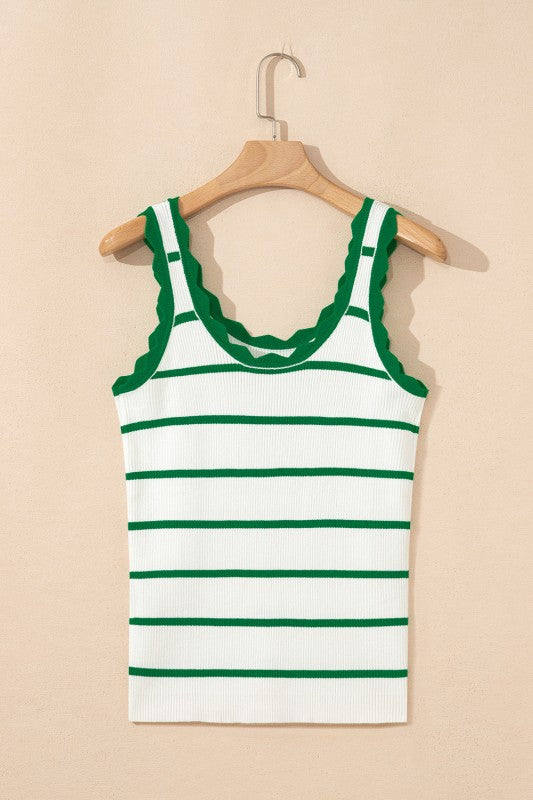 Scalloped Edge Crew Neck Knit Striped Tank