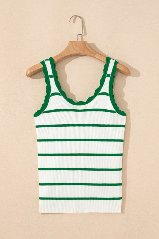 Scalloped Edge Crew Neck Knit Striped Tank