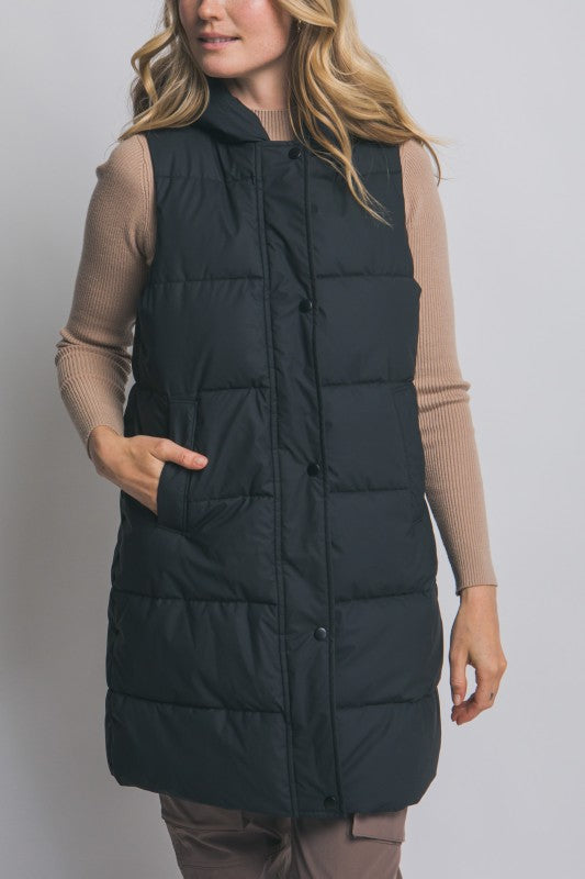 Puffer Long Vest - Black
