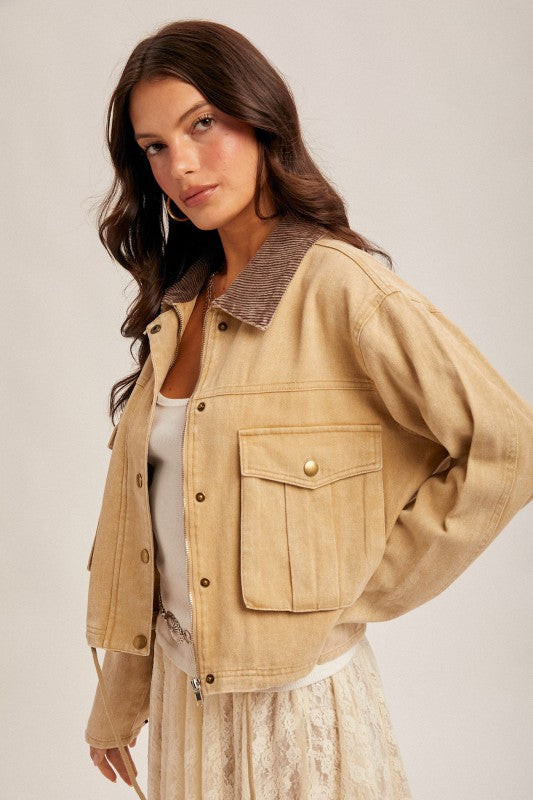 Corduroy Collar Contrast Twill Crop Jacket