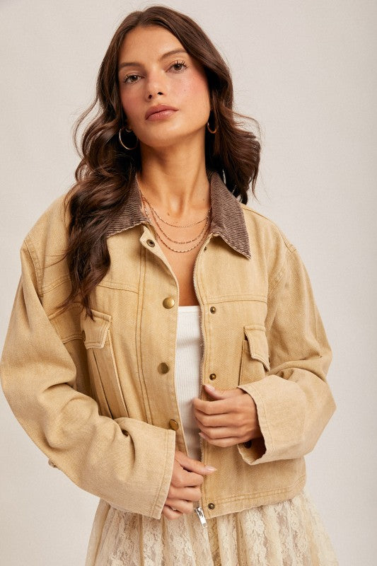 Corduroy Collar Contrast Twill Crop Jacket