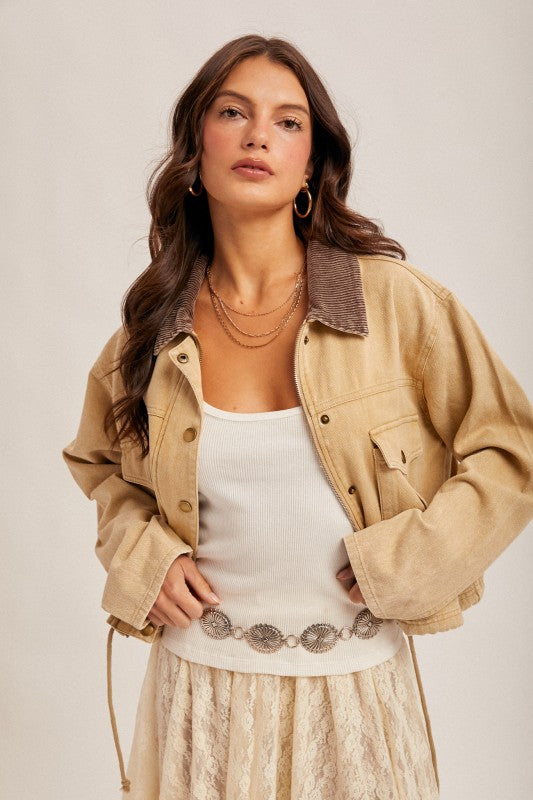 Corduroy Collar Contrast Twill Crop Jacket